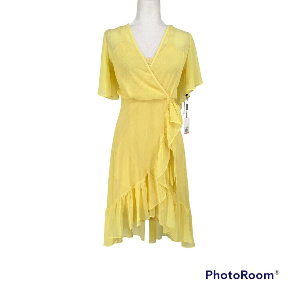 CALVIN KLEIN Womens Yellow Tie Short Sleeve Above The Knee ruffle front Dress 2